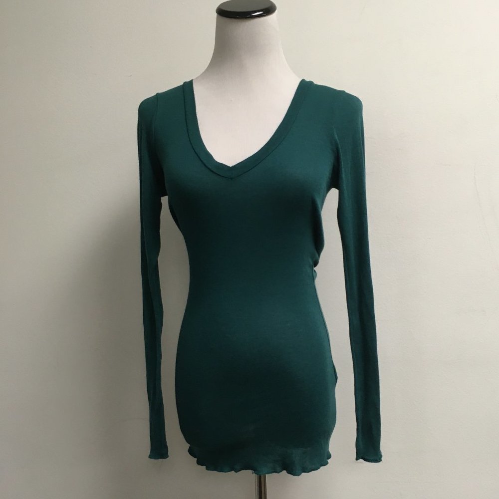 Sharon Segal teal blue v neck tunic long top modal cotton long sleeve NWOT